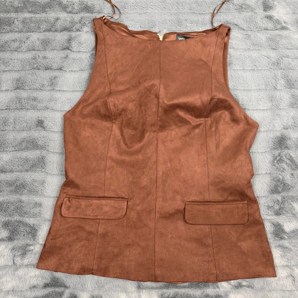 Zara Faux Suede Sleeveless Top Cognac Brown Back Zip Flap Pockets Size Small